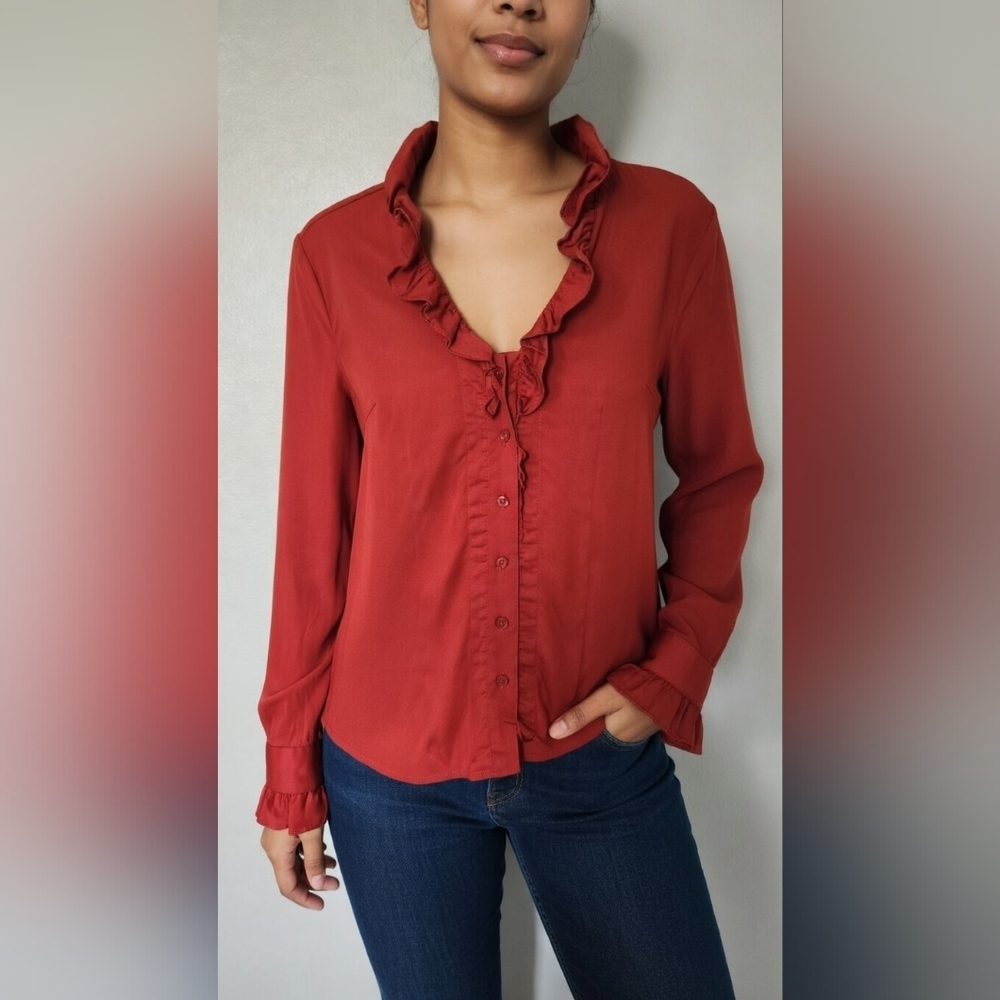 Soft Surroundings | Rust Red Ruffle Button Down Cotton Blouse Size Medium